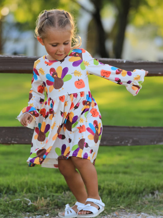 Thanksgiving Turkey Print Girls Dress -