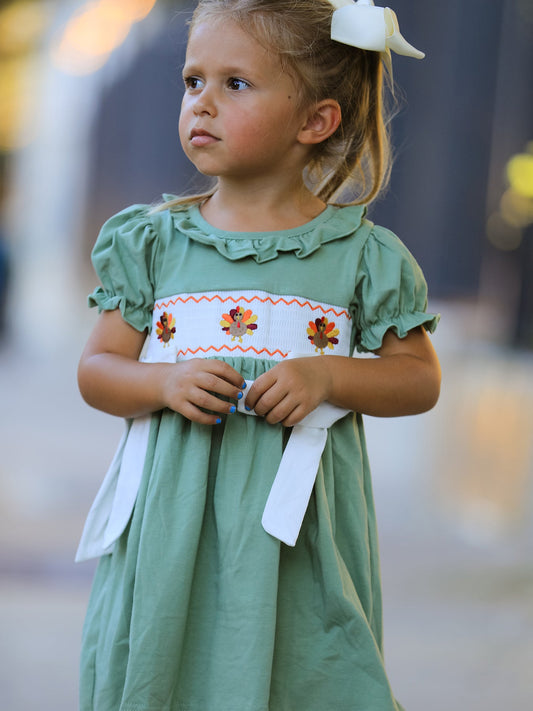 Fall Thanksgiving Chicken Smock Embroidered Green Baby Girl Dress -