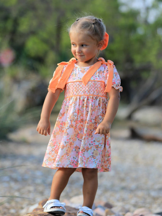 Peach Bow Smocked Floral Girl Dress -