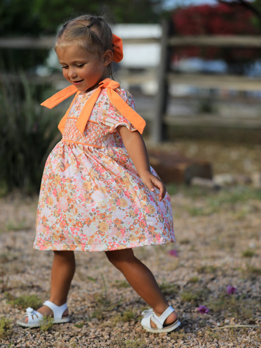 Peach Bow Smocked Floral Girl Dress -