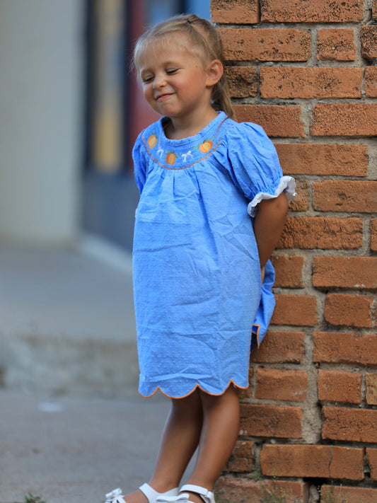 Blue Fall Thanksgiving&Halloween Pumpkin Smock Embroidery Lace Baby Girl Dress -