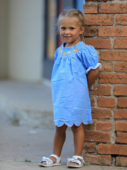Blue Fall Thanksgiving&Halloween Pumpkin Smock Embroidery Lace Baby Girl Dress -
