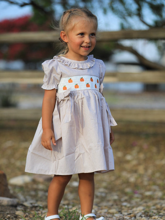 Fall Thanksgiving Pumpkin Embroidery Smock Plaid Girls Dress -