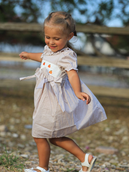 Fall Thanksgiving Pumpkin Embroidery Smock Plaid Girls Dress -