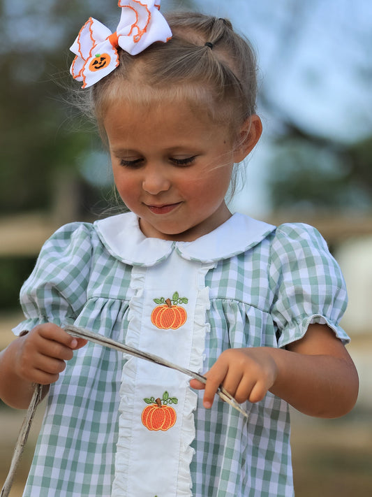 Fall Halloween & Thanksgiving Pumpkin Applique Plaid Green Girls Dress -