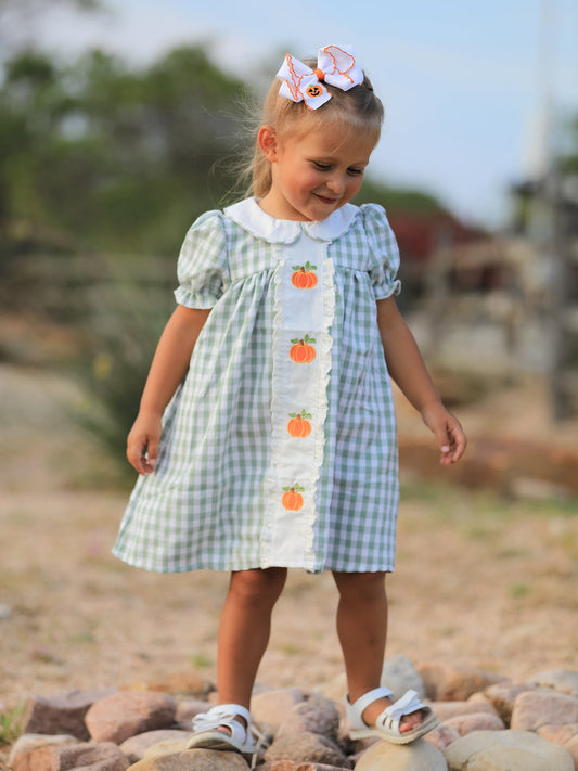 Fall Halloween & Thanksgiving Pumpkin Applique Plaid Green Girls Dress -