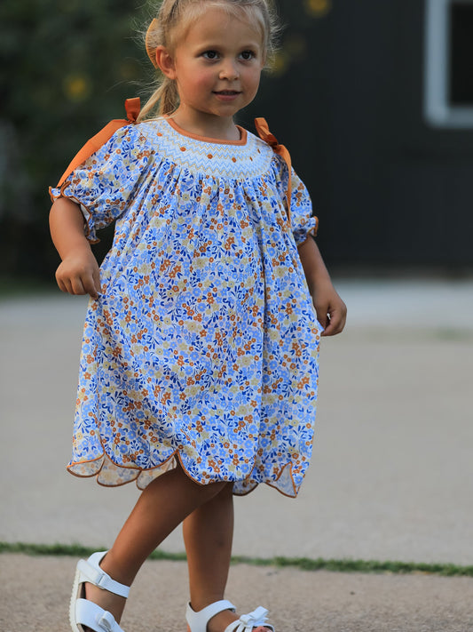 Fall Floral Smocked Girls Dress -