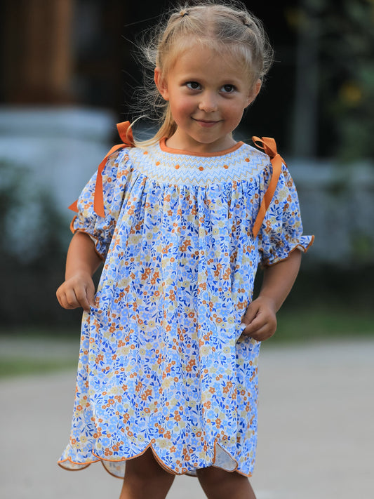 Fall Floral Smocked Girls Dress -