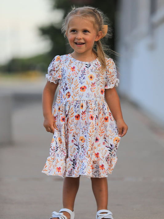 Fall Floral Puff Sleeve Ruffle Girls Dress -