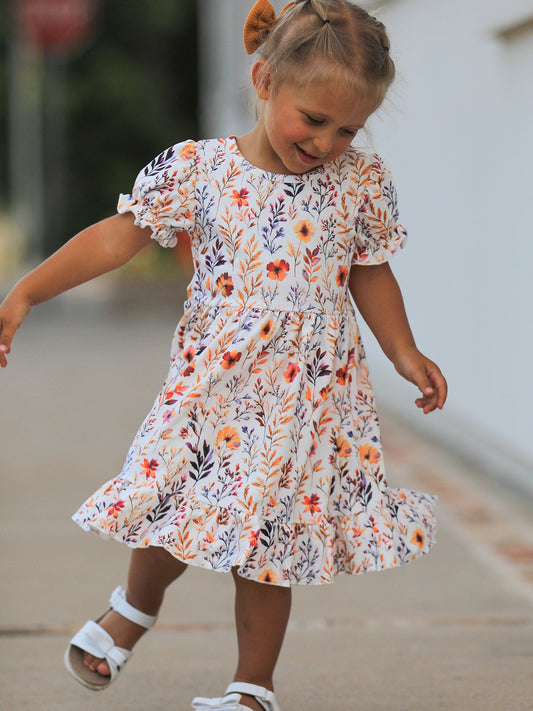 Fall Floral Puff Sleeve Ruffle Girls Dress -