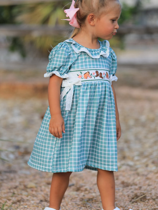 Western Plaid Horse Embroidered Girl Dress -