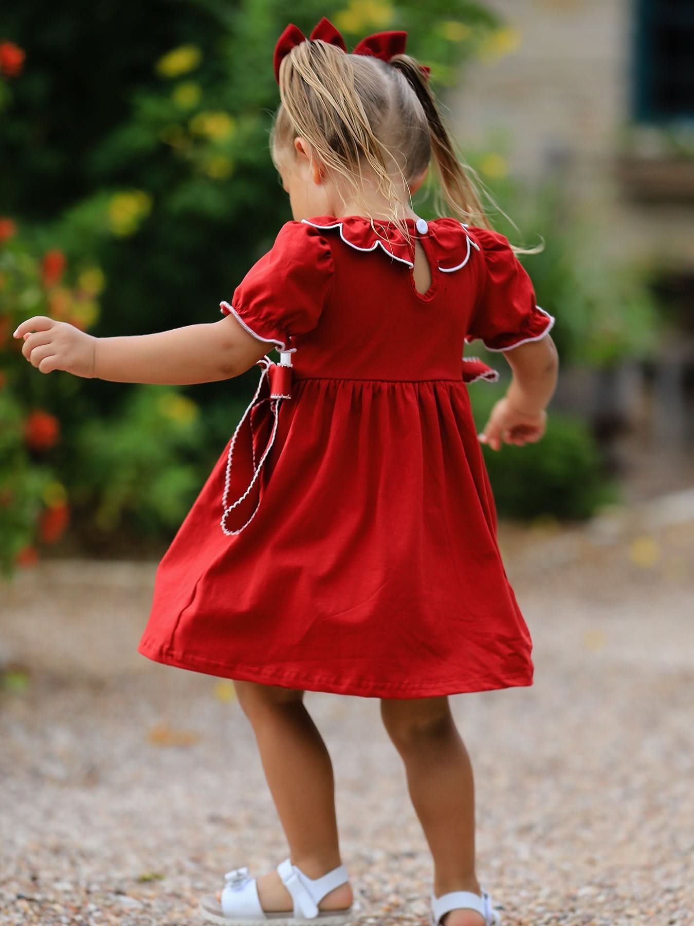 Girls Christmas Reindeer Smocked Red Bow Dress -