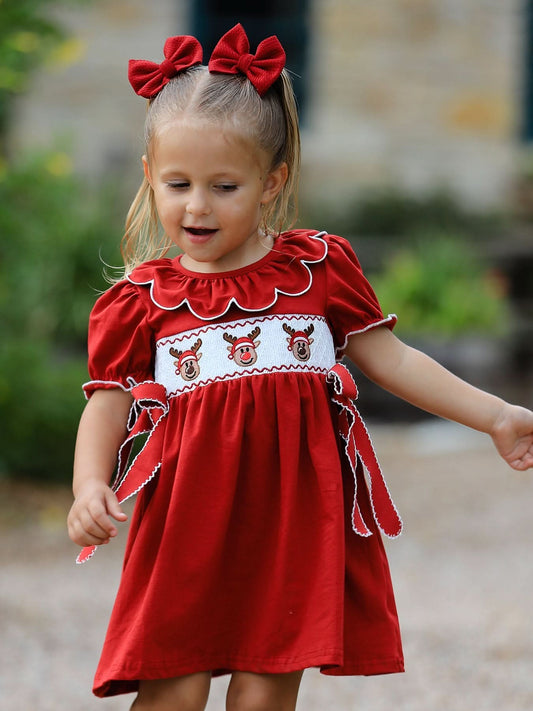 Girls Christmas Reindeer Smocked Red Bow Dress -