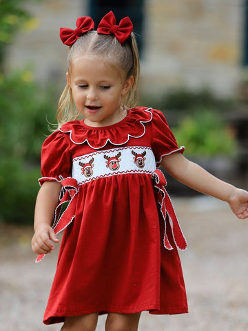 Girls Christmas Reindeer Smocked Red Bow Dress -