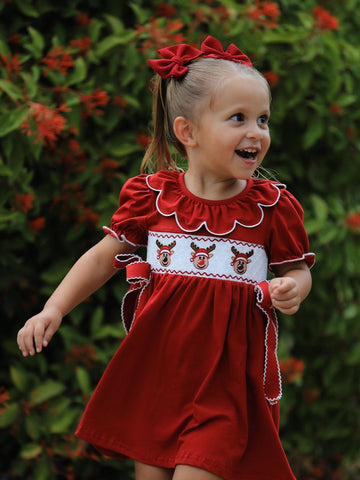 Girls Christmas Reindeer Smocked Red Bow Dress -