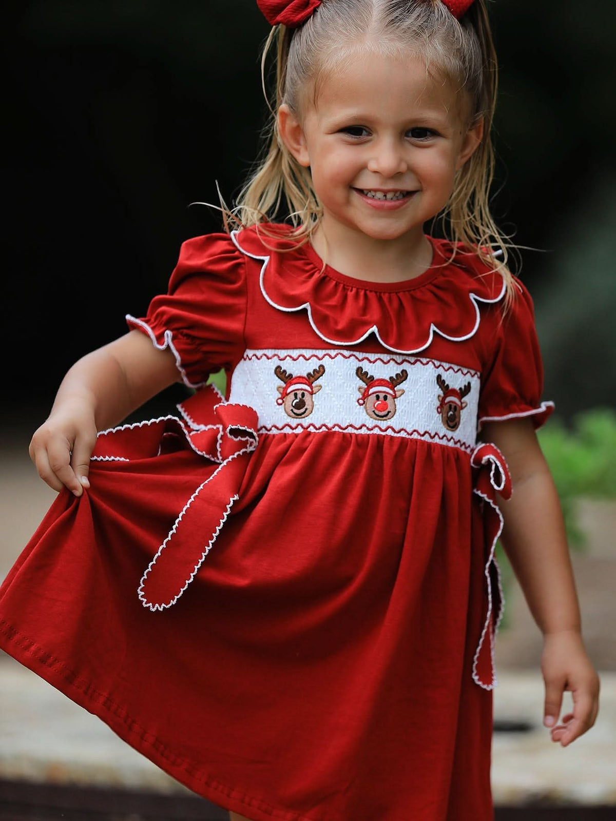Girls Christmas Reindeer Smocked Red Bow Dress -