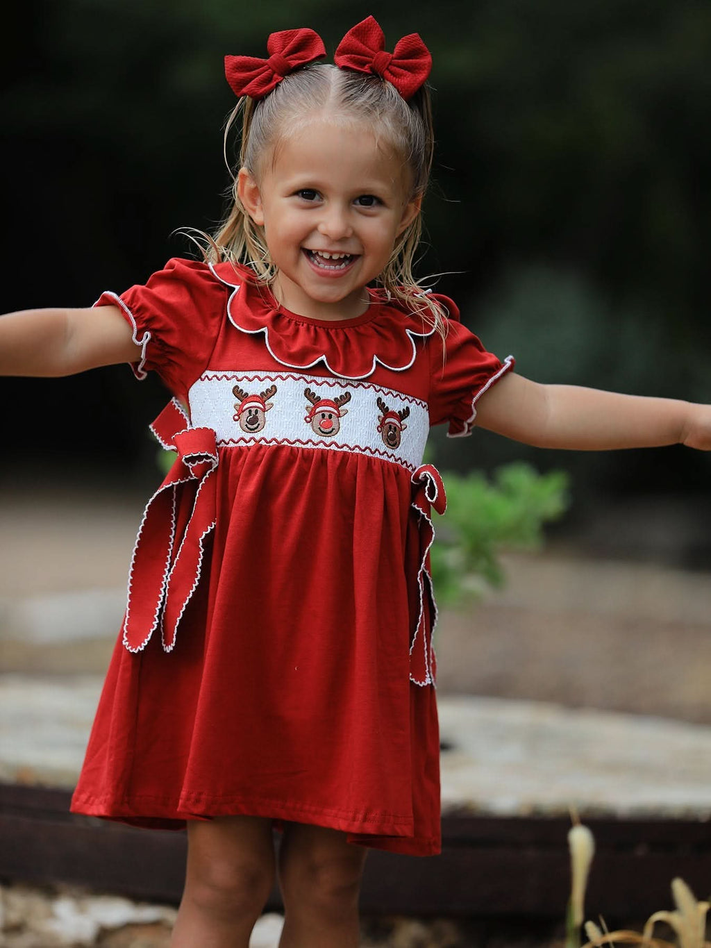 Girls Christmas Reindeer Smocked Red Bow Dress -
