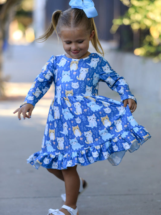 Fall Cat Print Girls Long Sleeve Ruffle Hem Dress -