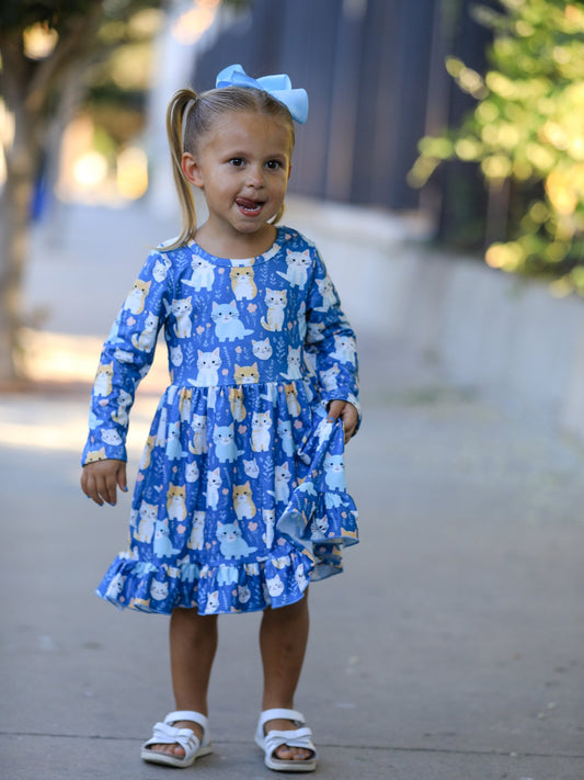 Fall Cat Print Girls Long Sleeve Ruffle Hem Dress -