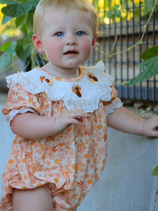 Thanksgiving Turkey Floral Lace Bubble Girls Romper -