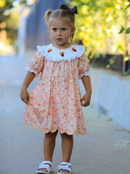Thanksgiving Turkey Floral Lace Ruffle Girls Dress -
