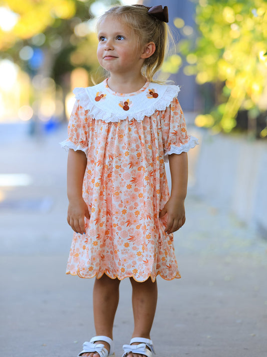 Thanksgiving Turkey Floral Lace Ruffle Girls Dress -