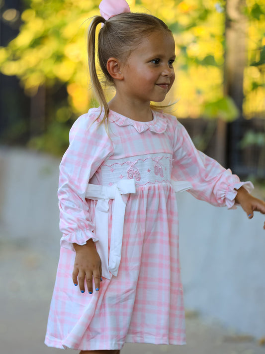 Fall Pink Plaid Ruffle Ballet Shoe Embroidery Long Sleeve Dress -