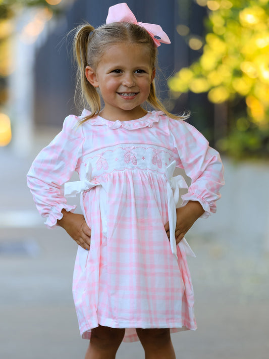 Fall Pink Plaid Ruffle Ballet Shoe Embroidery Long Sleeve Dress -