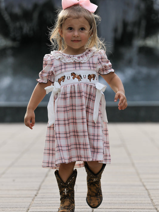 Western Horse Embroidered Smocked Plaid Girls Dress -