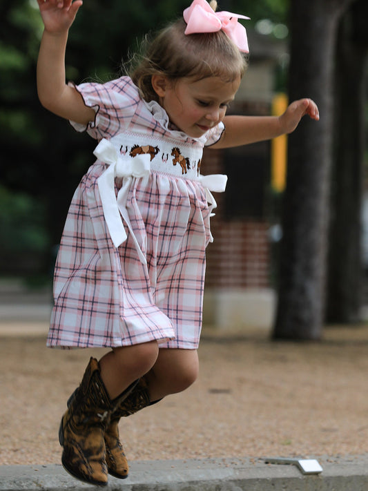Western Horse Embroidered Smocked Plaid Girls Dress -