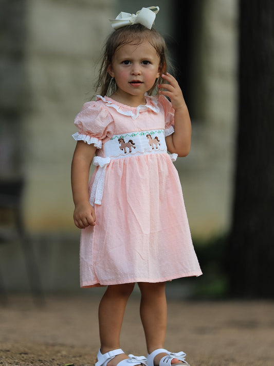 Western Horse Embroidery Girls Dress Lace Petals Collar Puff Sleeve -