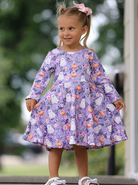 Halloween Ghost Pumpkin Girls Long Sleeve Twirl Dress -