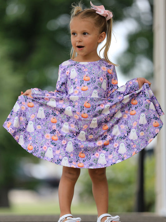 Halloween Ghost Pumpkin Girls Long Sleeve Twirl Dress -