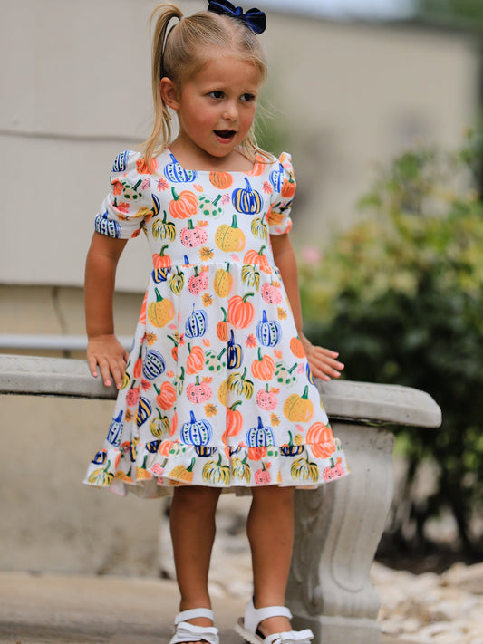 Halloween Pumpkin Print Girls Ruffle Hem Dress -
