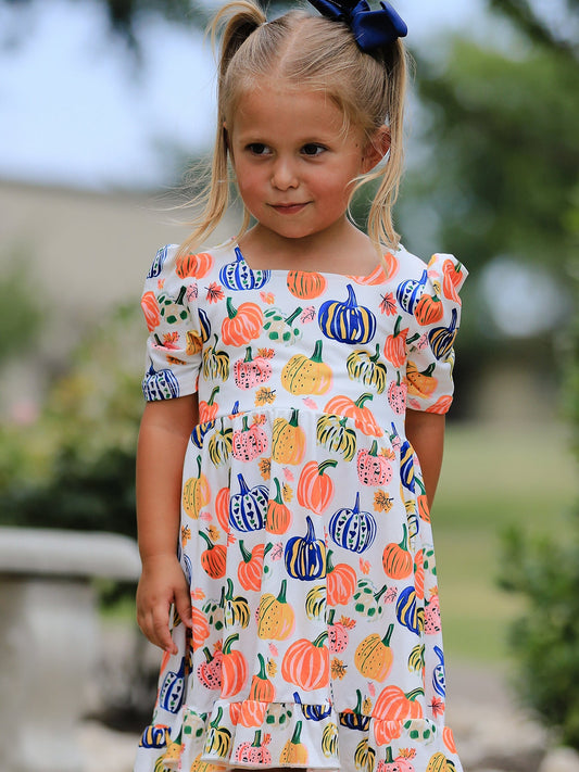 Halloween Pumpkin Print Girls Ruffle Hem Dress -