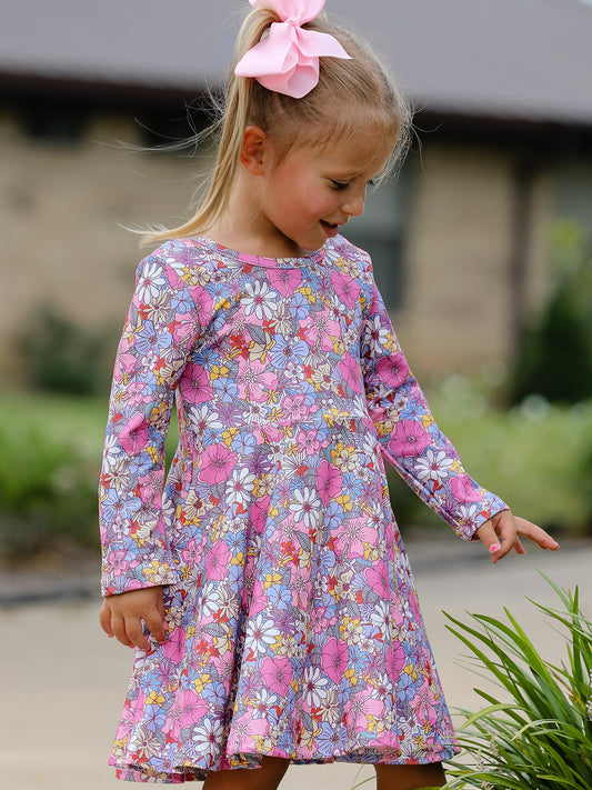 Fall Vintage Floral Print Girls Long Sleeve Twirl Dress -