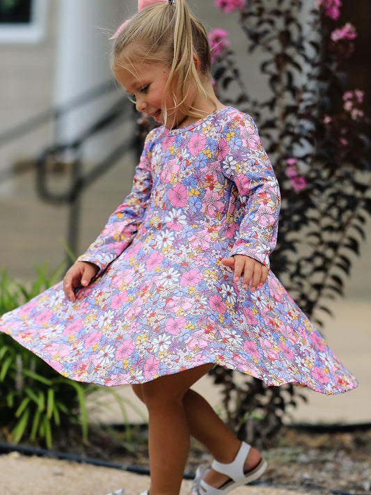 Fall Vintage Floral Print Girls Long Sleeve Twirl Dress -