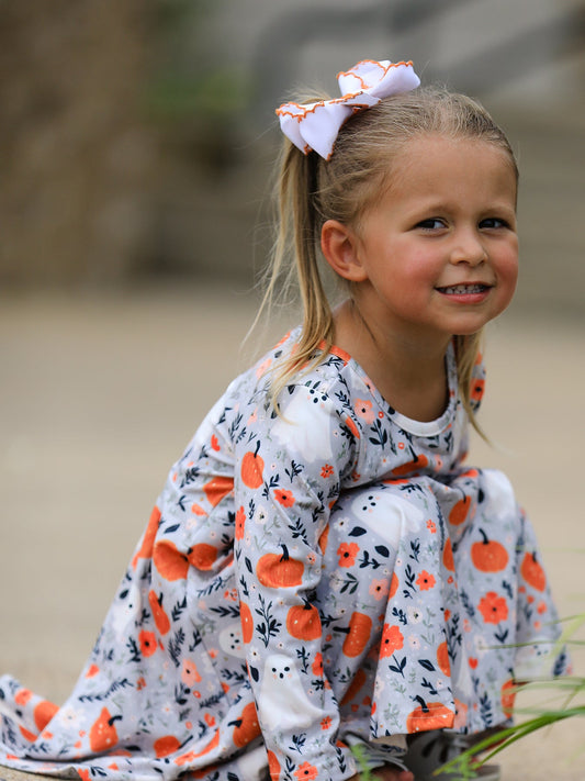 Halloween Pumpkin Ghost Girls Dress Long Sleeve Twirl Dress -