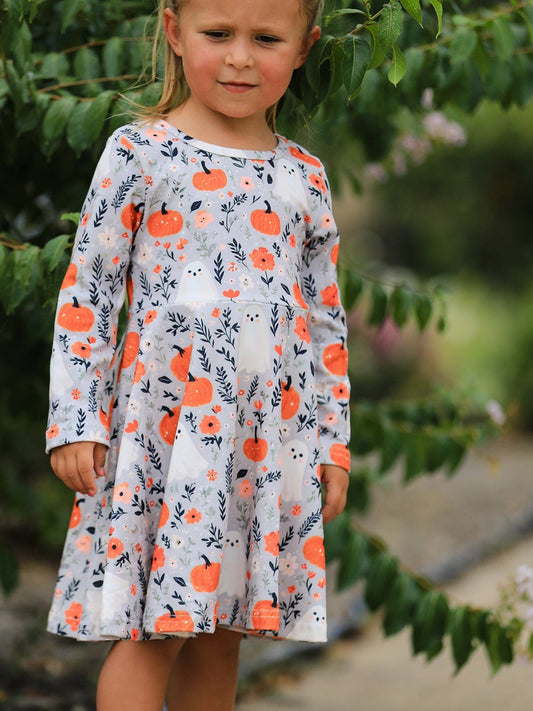 Halloween Pumpkin Ghost Girls Dress Long Sleeve Twirl Dress -