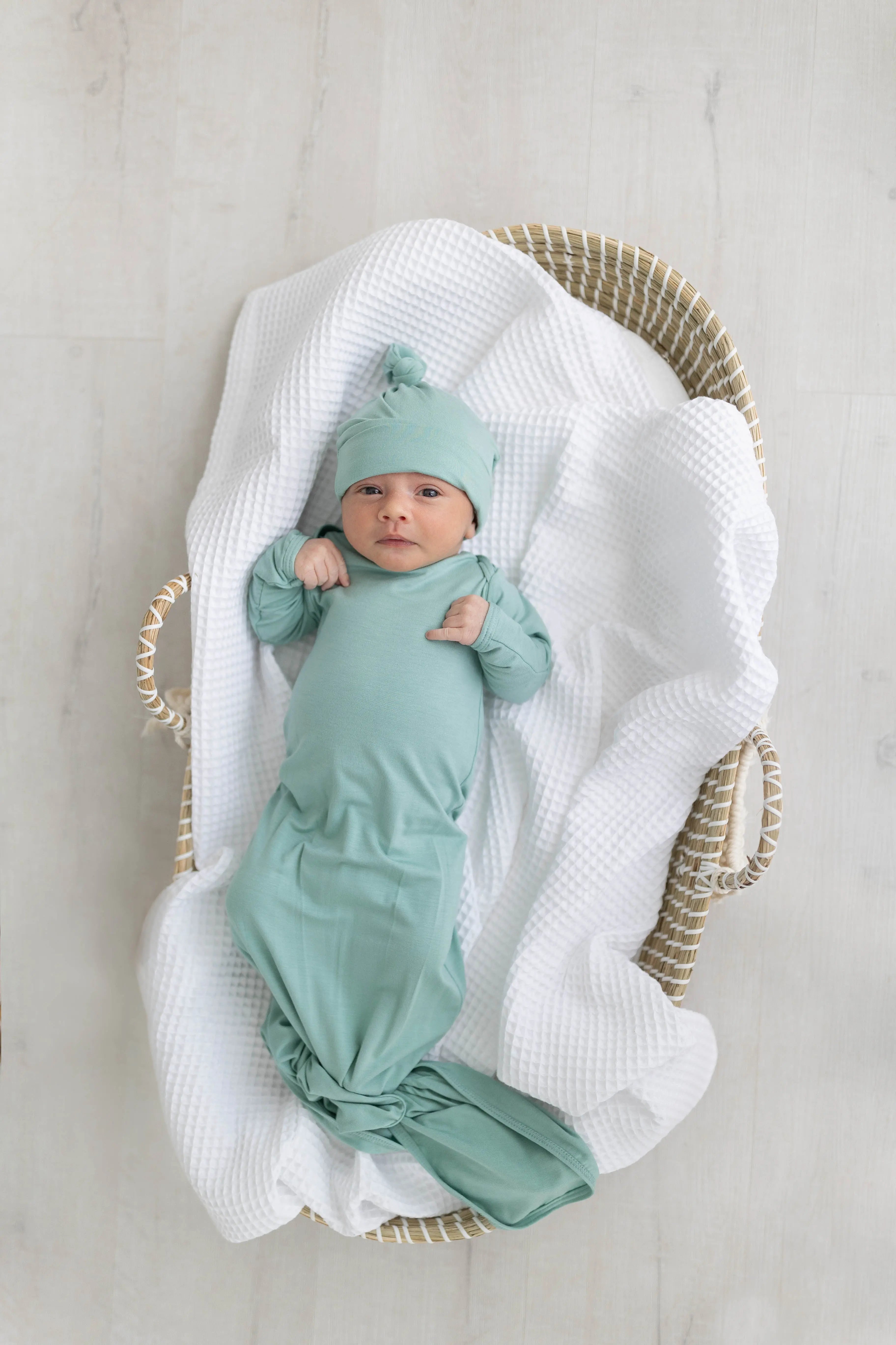 Newborn Knotted Baby Gown and Hat Set - Crew - (Newborn-3 months) Mint, Navy Blue, Pink, Camel Brown in - Newborn Knotted Baby Gown Sets photo