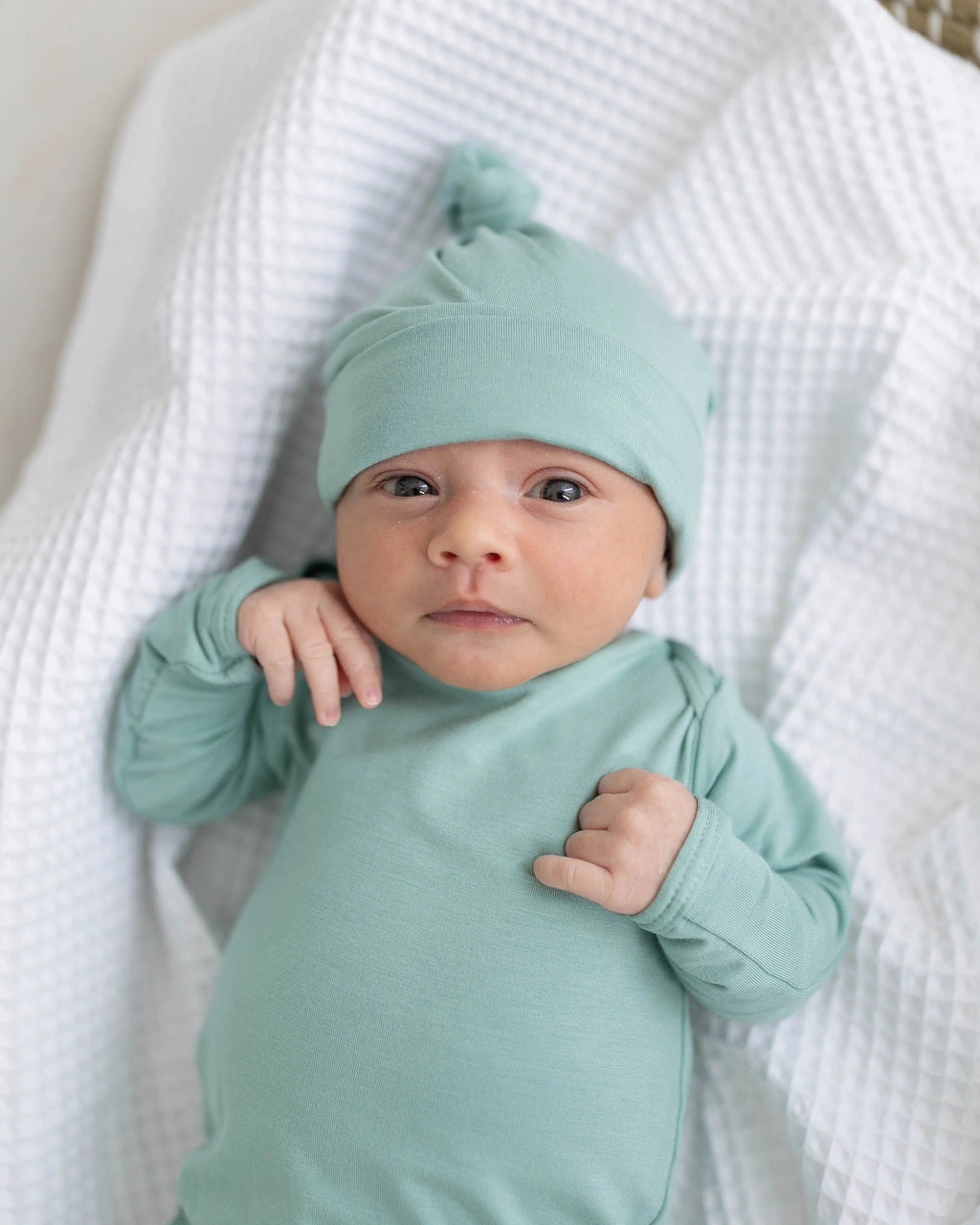 Newborn Knotted Baby Gown and Hat Set - Crew - (Newborn-3 months) Mint, Navy Blue, Pink, Camel Brown in - Newborn Knotted Baby Gown Sets photo