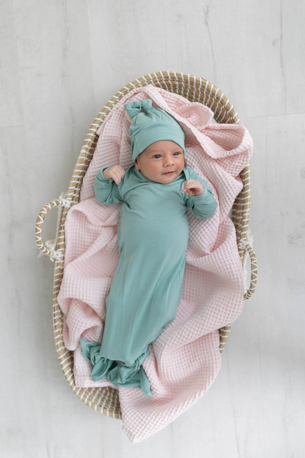 Newborn Knotted Baby Gown and Hat Set - Crew - (Newborn-3 months) Mint, Navy Blue, Pink, Camel Brown in - Newborn Knotted Baby Gown Sets photo