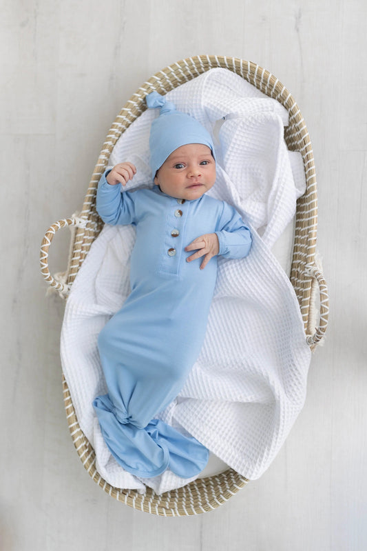 Newborn Knotted Gown & Hat Set Baby Blue, Newborn Clothes for Boys in - Newborn Knotted Baby Gown Sets photo