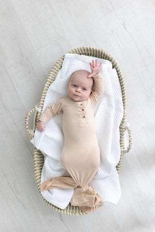Knotted Baby Gown Set - Gender-Neutral Newborn Clothes - Sand in - Newborn Knotted Baby Gown Sets photo