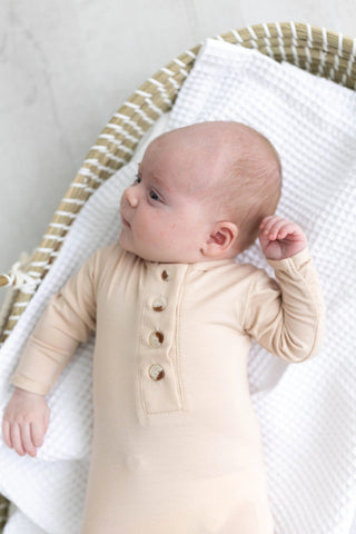 Knotted Baby Gown Set - Gender-Neutral Newborn Clothes - Sand in - Newborn Knotted Baby Gown Sets photo