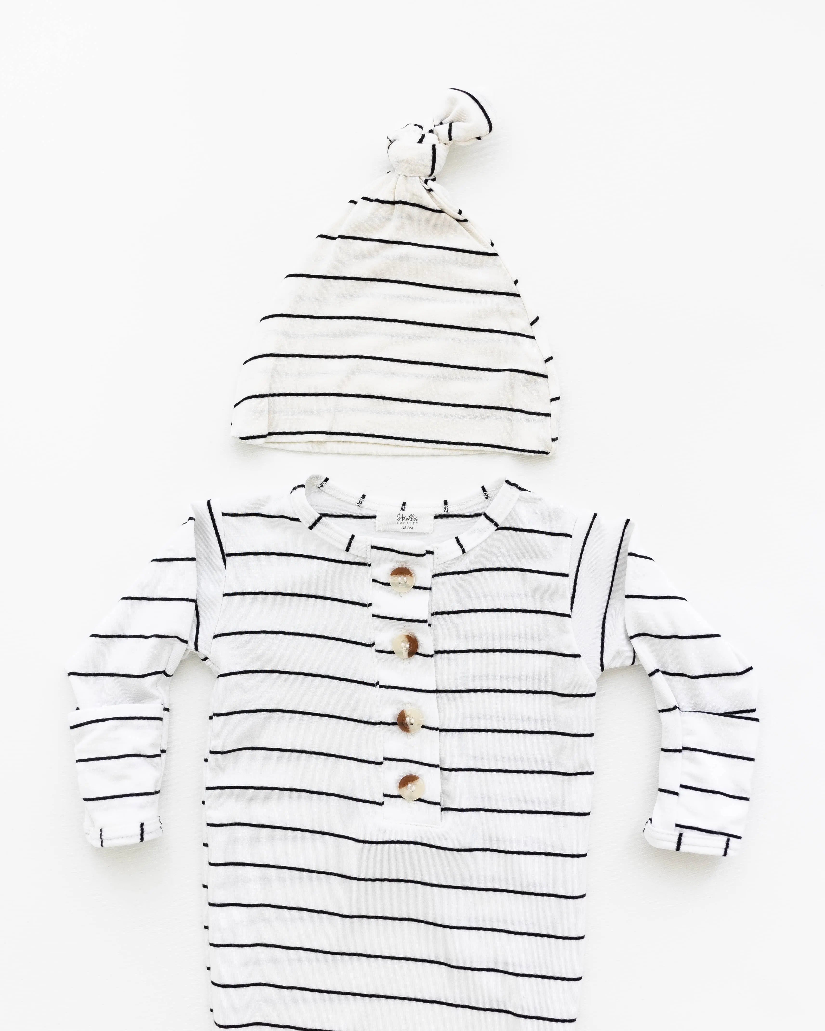 Knotted Baby Gown Set - Black Stripes (Newborn-3 months) in - Newborn Knotted Baby Gown Sets photo