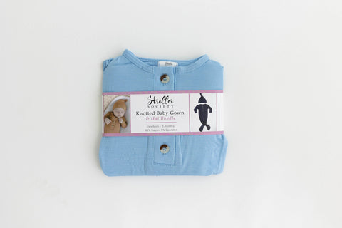 Newborn Knotted Gown & Hat Set Baby Blue, Newborn Clothes for Boys in - Newborn Knotted Baby Gown Sets photo