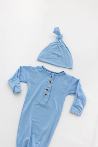 Newborn Knotted Gown & Hat Set Baby Blue, Newborn Clothes for Boys in - Newborn Knotted Baby Gown Sets photo