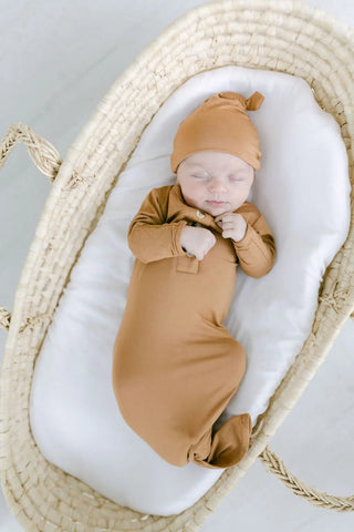 Knotted Baby Gown & Hat Set - Camel Brown (Newborn-3 months) in - Newborn Knotted Baby Gown Sets photo