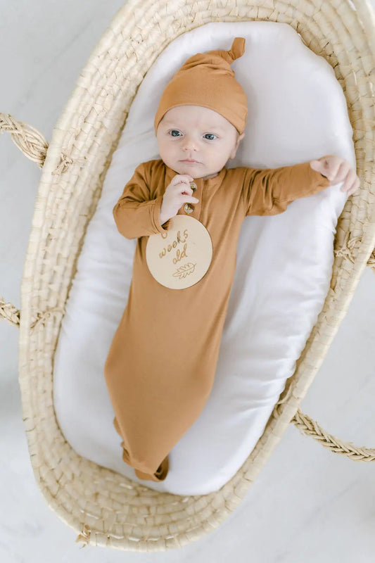 Knotted Baby Gown & Hat Set - Camel Brown (Newborn-3 months) in - Newborn Knotted Baby Gown Sets photo